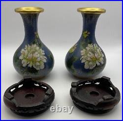 Vintage Small Chinese Cloisonne Blue Vases on Wooden Stands Set of 2