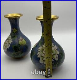 Vintage Small Chinese Cloisonne Blue Vases on Wooden Stands Set of 2